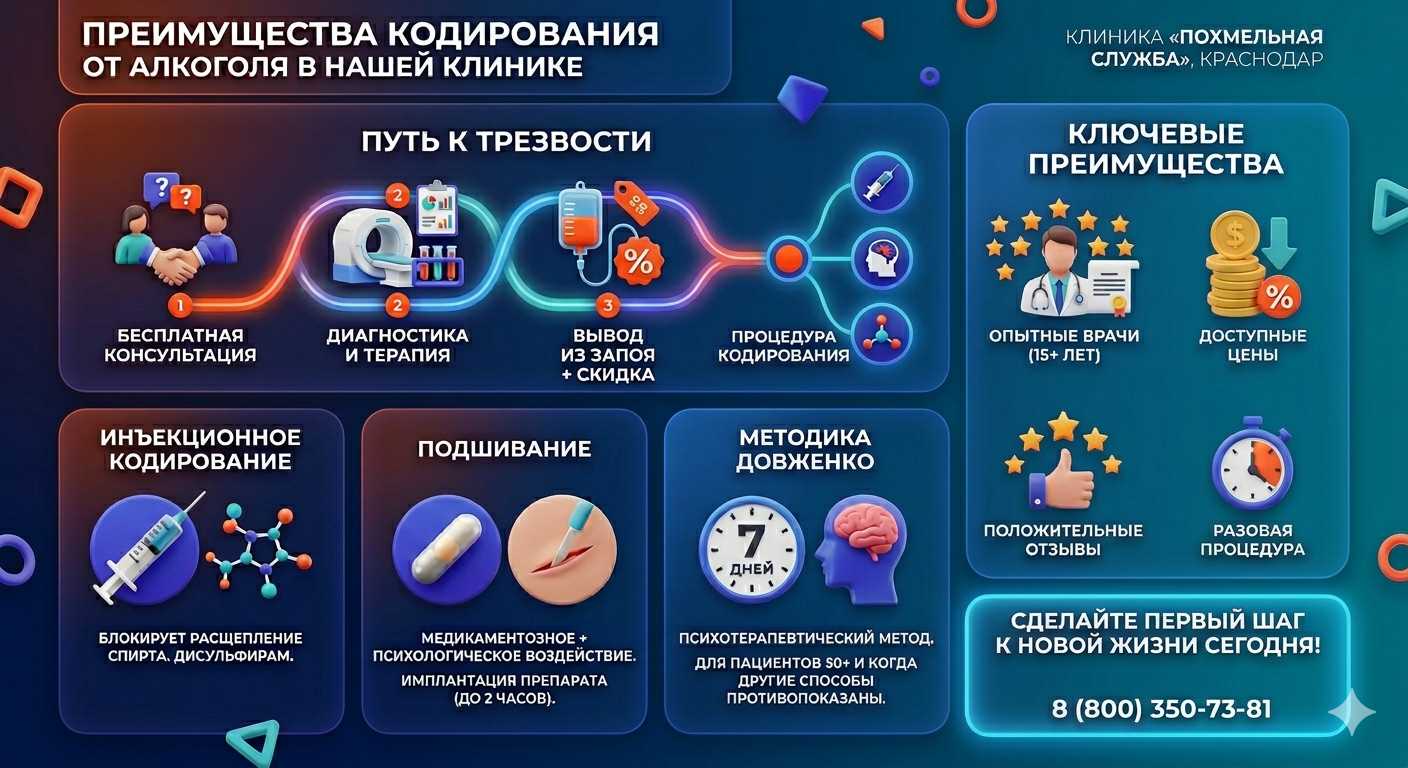 Инфографика о методах кодирования от алкоголя в Гусь-Хрустальном: инъекции, подшивание, метод Довженко. Преимущества клиники и этапы лечения.