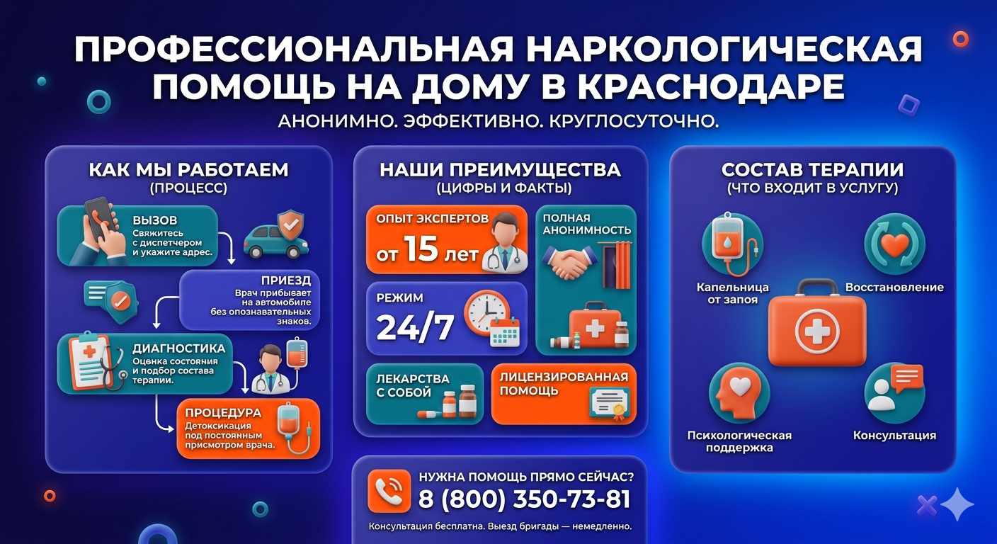 Инфографика о принципах лечения алкоголизма на дому в Гусь-Хрустальном: этапы вызова нарколога, преимущества анонимной детоксикации и состав медицинской помощи.